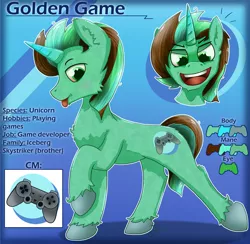 Size: 2049x1998 | Tagged: safe, artist:jesterpi, derpibooru import, oc, oc:golden game, unofficial characters only, unicorn, abstract background, cutie mark, horn, image, jpeg, playstation, reference sheet, smiling, standing, tongue out