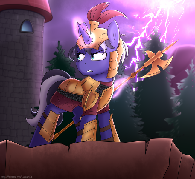 Size: 4887x4500 | Tagged: safe, artist:felixf, derpibooru import, oc, oc:procellus, pony, unicorn, armor, castle, halberd, image, lightning, magic, male, png, stallion, weapon