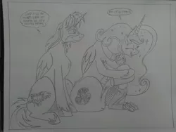 Size: 2592x1944 | Tagged: safe, artist:princebluemoon3, author:bigonionbean, derpibooru import, oc, oc:king speedy hooves, oc:queen galaxia, oc:tommy the human, alicorn, human, pony, comic:sisterly silliness, alicorn oc, black and white, butt, canterlot, canterlot castle, castle, child, clothes, comic, commissioner:bigonionbean, confused, cute, cutie mark, daaaaaaaaaaaw, dialogue, family, father and child, father and son, female, flank, fusion, fusion:king speedy hooves, fusion:queen galaxia, grayscale, horn, hug, hugging a pony, human oc, husband and wife, image, jewelry, jpeg, male, mare, monochrome, mother and child, mother and son, plot, regalia, royalty, sitting, stallion, throne room, traditional art, unknown pony, wings