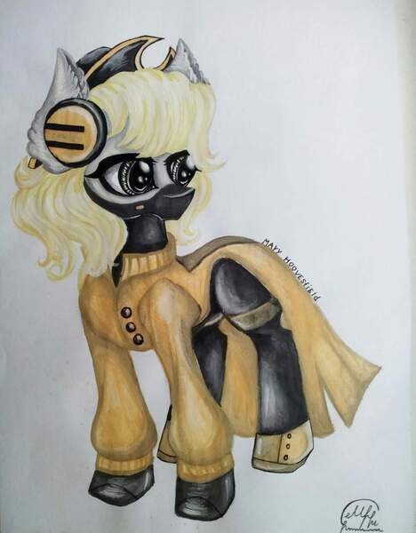 Size: 799x1024 | Tagged: safe, artist:maryhoovesfield, derpibooru import, oc, unofficial characters only, earth pony, pony, boots, clothes, coat, earmuffs, earth pony oc, face mask, hat, image, jpeg, latex, latex boots, looking back, mask, shoes, signature, solo, traditional art