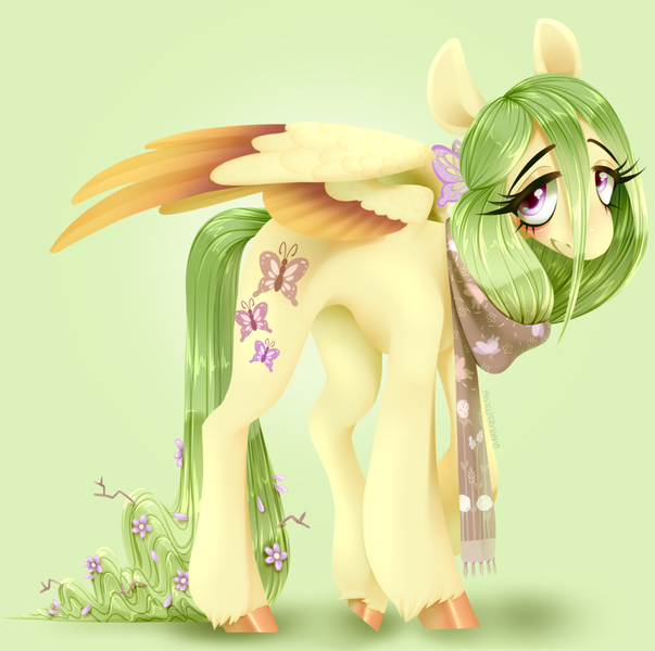 Size: 1434x1427 | Tagged: safe, artist:physisinwonderland, derpibooru import, fluttershy, pegasus, pony, clothes, female, flower, flower in hair, gradient background, image, mare, png, redesign, scarf, solo