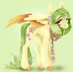 Size: 1434x1427 | Tagged: safe, artist:physisinwonderland, derpibooru import, fluttershy, pegasus, pony, clothes, female, flower, flower in hair, gradient background, image, mare, png, redesign, scarf, solo