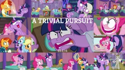Size: 1978x1113 | Tagged: safe, derpibooru import, edit, edited screencap, editor:quoterific, screencap, applejack, bulk biceps, cheerilee, cranky doodle donkey, cup cake, doctor whooves, granny smith, lily, lily valley, matilda, maud pie, mudbriar, pinkie pie, rainbow dash, spike, sunburst, time turner, twilight sparkle, alicorn, dragon, a trivial pursuit, angry, applejack's hat, bag, bell, bipedal, book, cowboy hat, eyes closed, female, floppy ears, flying, force field, glowing horn, hat, horn, hug, image, magic, magic aura, messy mane, open mouth, png, saddle bag, shocked, this is trivia trot, twilight snapple, twilight sparkle (alicorn), winged spike