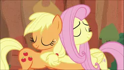 Size: 1283x722 | Tagged: safe, derpibooru import, screencap, applejack, fluttershy, earth pony, pegasus, pony, sounds of silence, cropped, cute, eyes closed, female, hug, image, jackabetes, mare, png, shyabetes, smiling