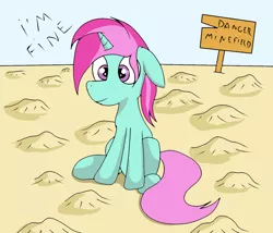 Size: 1200x1028 | Tagged: safe, artist:amateur-draw, derpibooru import, oc, oc:belle boue, pony, unicorn, image, minefield, png, sign, sitting, solo, this is fine