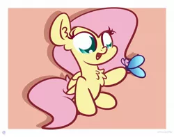 Size: 1920x1513 | Tagged: safe, artist:kimjoman, derpibooru import, fluttershy, butterfly, insect, pegasus, pony, chest fluff, cute, ear fluff, female, image, jpeg, mare, open mouth, shyabetes, sitting, solo