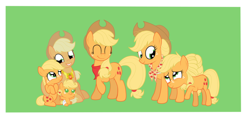 Size: 5217x2500 | Tagged: safe, artist:squipycheetah, derpibooru import, part of a set, applejack, earth pony, pony, apple family reunion, the last problem, where the apple lies, alternate color palette, baby, baby pony, babyjack, bandana, cute, diaper, element of honesty, eyes closed, female, filly, filly applejack, foal, freckles, granny smith's shawl, green background, hug, image, jackabetes, looking back, looking down, looking up, mare, older, older applejack, png, raised hoof, self paradox, self ponidox, simple background, sitting, teenage applejack, teenager, younger
