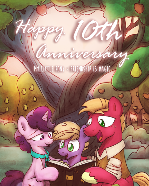 Size: 2048x2560 | Tagged: safe, artist:sugar morning, derpibooru import, big macintosh, little mac, sugar belle, earth pony, pony, unicorn, apple, apple tree, book, clothes, colt, family, female, food, happy birthday mlp:fim, image, intertwined trees, male, mare, mlp fim's tenth anniversary, older big macintosh, older sugar belle, pear, pear tree, png, shipping, stallion, straight, sugarmac, text, tree