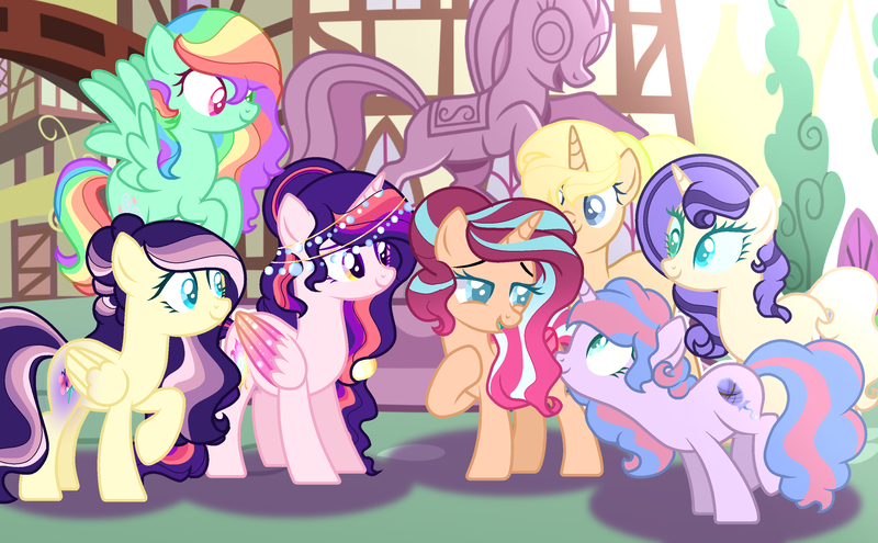 Size: 3097x1915 | Tagged: safe, artist:firegalaxysparkle, derpibooru import, oc, oc:chocolate balloon, oc:crystalline diamond, oc:diamond leaf, oc:flame of hope, oc:green litter, oc:light rainbow, oc:neutron star, alicorn, hybrid, pegasus, pony, unicorn, image, interspecies offspring, magical lesbian spawn, offspring, parent:applejack, parent:capper, parent:capper dapperpaws, parent:party favor, parent:pinkie pie, parent:princess celestia, parent:rainbow dash, parent:rarity, parent:starlight glimmer, parent:sunset shimmer, parent:trenderhoof, parent:twilight sparkle, parents:appledash, parents:capperity, parents:partypie, parents:shimmerglimmer, parents:trenderjack, parents:twilestia, png