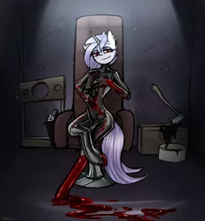 Size: 4247x4599 | Tagged: grimdark, suggestive, alternate version, artist:tenenbris, derpibooru import, oc, oc:bottom out, anthro, axe, blood, chair, grin, gun, image, latex, latex suit, png, red eyes, smiling, smug, weapon