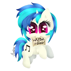 Size: 750x750 | Tagged: safe, artist:avelineh, derpibooru import, vinyl scratch, pony, unicorn, chibi, cute, daaaaaaaaaaaw, female, heart eyes, image, mouth hold, png, sign, simple background, solo, transparent background, wingding eyes