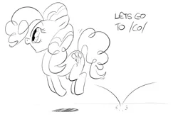 Size: 600x395 | Tagged: safe, artist:anonymous, derpibooru import, pinkie pie, earth pony, pony, /co/, 2010, 4chan, female, happy, hopping, image, lineart, mare, monochrome, png, pronking, simple background, solo, white background
