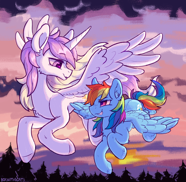 Size: 2165x2120 | Tagged: safe, artist:cherry_kotya, derpibooru import, princess celestia, rainbow dash, alicorn, pegasus, pony, cloud, flying, forest, horn, image, looking at each other, png, smiling, sunset, tree, wings, young celestia