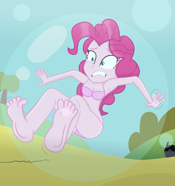 Size: 1700x1805 | Tagged: suggestive, alternate version, artist:grapefruitface1, derpibooru import, pinkie pie, equestria girls, breasts, bubble, bubble blower, bubble machine, clothes, feet, female, fetish, floating, hill, image, pink underwear, png, scared, solo, trapped, tree, underwear, worried