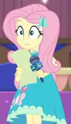 Size: 960x1683 | Tagged: safe, derpibooru import, screencap, fluttershy, equestria girls, equestria girls series, spoiler:eqg series (season 2), beautiful, clothes, cute, cutie mark, cutie mark on clothes, dress, dress interior, female, geode of fauna, image, jpeg, magical geodes, microphone, nervous, script, shyabetes