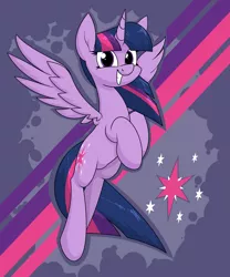 Size: 2053x2465 | Tagged: safe, artist:moonatik, derpibooru import, twilight sparkle, twilight sparkle (alicorn), alicorn, pony, abstract background, female, grin, image, mare, png, smiling, solo, spread wings, wings