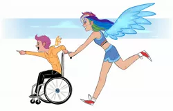 Size: 2048x1317 | Tagged: safe, artist:syrupyyy, derpibooru import, rainbow dash, scootaloo, human, alternate hairstyle, clothes, commission, converse, cute, cutealoo, dashabetes, disabled, female, floating wings, grin, handicapped, hoodie, humanized, image, jeans, jpeg, open mouth, pants, pointing, running, shoes, shorts, smiling, socks, sports bra, sports shorts, wheelchair, winged humanization, wings
