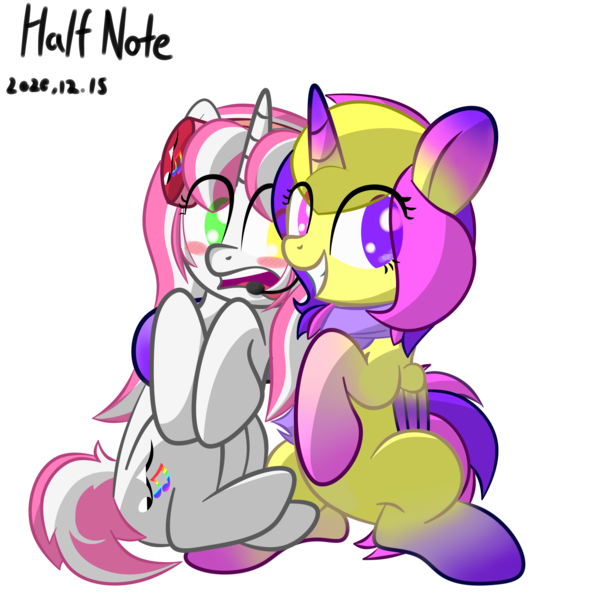 Size: 3543x3543 | Tagged: safe, artist:half note, derpibooru import, oc, oc:note beat, oc:purpink flowery, unofficial characters only, pony, unicorn, derpibooru community collaboration, 2021 community collab, female, heterochromia, horn, image, mare, png, simple background, transparent background, unicorn oc