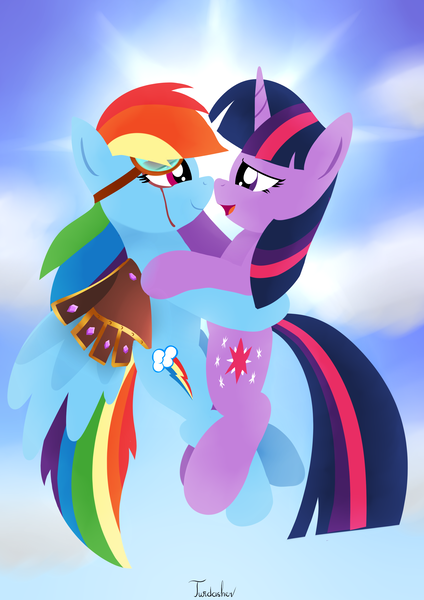 Size: 2480x3507 | Tagged: safe, artist:twidasher, derpibooru import, rainbow dash, twilight sparkle, pegasus, pony, unicorn, boop, cloud, female, flying, goggles, hug, image, lesbian, noseboop, png, shipping, signature, sky, sun, twidash, unicorn twilight