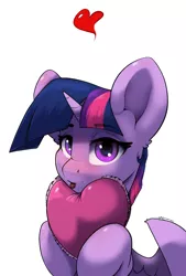 Size: 2030x3000 | Tagged: safe, artist:skitsniga, derpibooru import, twilight sparkle, twilight sparkle (alicorn), alicorn, pony, :p, blushing, cute, female, heart, image, lidded eyes, looking at you, mare, pillow, png, simple background, solo, tongue out, twiabetes, white background