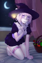 Size: 2000x3000 | Tagged: safe, artist:slh, derpibooru import, oc, anthro, plantigrade anthro, bandaid, candy, clothes, food, hat, helloween, image, magic, magic wand, night, png, socks, solo, stocking feet, wizard, wizard hat