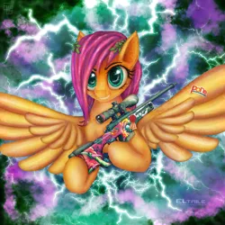 Size: 2000x2000 | Tagged: safe, artist:eltaile, derpibooru import, fluttershy, pegasus, awp, banana, counter-strike, counter-strike: global offensive, female, flying, food, gun, image, laurel wreath, lightning, png, rifle, sniper rifle, snipershy, solo, sticker, thunder, weapon, wings