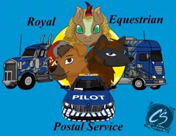 Size: 1017x786 | Tagged: artist needed, safe, derpibooru import, oc, oc:cherokee winchester, oc:joescoutk9, oc:tribal typhoon, unofficial characters only, hybrid, kirin, wolf, wolf pony, american truck simulator, baseball cap, cap, car, euro truck simulator 2, hat, image, jpeg, truck