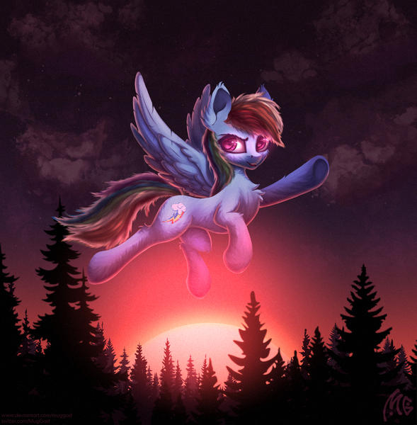 Size: 2140x2180 | Tagged: safe, alternate version, artist:muggod, derpibooru import, rainbow dash, pegasus, pony, cloud, colored pupils, female, flying, forest, glowing eyes, halloween, holiday, image, looking at you, mare, multicolored hair, night, open mouth, outdoors, png, raised hoof, sky, smiling, smirk, sun, sunrise, tree, wings