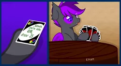 Size: 1210x660 | Tagged: safe, artist:einarcor, derpibooru import, oc, oc:moonlight thunder, bat pony, pony, :p, card game, commission, cute, draw 25, i'm not cute, image, jpeg, meme, solo, table, tongue out, uno, uno meme, ych result