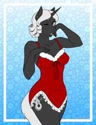 Size: 3000x3900 | Tagged: safe, artist:hasana-chan, derpibooru import, oc, oc:aerye, unofficial characters only, anthro, pony, unguligrade anthro, unicorn, anthro oc, breasts, christmas, clothes, commission, digital art, eyes closed, female, gift art, hearth's warming eve, holiday, horn, image, mare, png, solo, unicorn oc