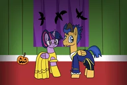 Size: 1280x854 | Tagged: safe, artist:platinumdrop, derpibooru import, flash sentry, twilight sparkle, twilight sparkle (alicorn), alicorn, beauty and the beast, belle, disney, female, flashlight, halloween, holiday, image, jpeg, male, prince adam, request, shipping, straight