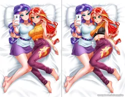 Size: 1809x1400 | Tagged: suggestive, artist:racoonsan, derpibooru import, rarity, sunset shimmer, human, equestria girls, :o, anime, assisted exposure, barefoot, bed, bedroom eyes, belt, black bra, black underwear, blanket, blushing, bra, breasts, clothes, duo, duo female, eyeshadow, feet, female, geode of shielding, humanized, image, jpeg, lesbian, magical geodes, makeup, mobile phone, nail polish, open mouth, pants, phone, pillow, selfie, shipping, shirt, shirt lift, skirt, smartphone, sunsarity, tanktop, underwear