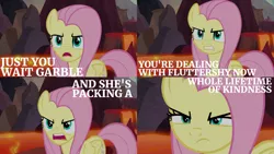 Size: 2000x1125 | Tagged: safe, derpibooru import, edit, edited screencap, editor:quoterific, screencap, fluttershy, pegasus, pony, sweet and smoky, angry, female, image, implied garble, lava, open mouth, png, solo