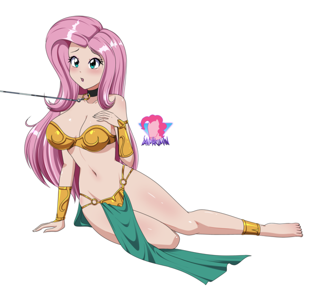 Size: 5000x4692 | Tagged: suggestive, artist:danmakuman, derpibooru import, fluttershy, human, equestria girls, :o, anime, belly button, belly dancer, breasts, busty fluttershy, collar, commission, harem outfit, human coloration, humanized, image, leash, open mouth, png, princess leia, return of the jedi, sexy, simple background, slave, slave leia outfit, star wars, transparent background