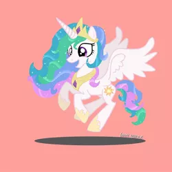 Size: 1080x1080 | Tagged: safe, alternate version, artist:luna.queex, derpibooru import, princess celestia, alicorn, pony, eyelashes, female, flying, grin, hoof shoes, horn, image, jewelry, jpeg, mare, peytral, pink background, rearing, signature, simple background, smiling, solo, tiara, wings