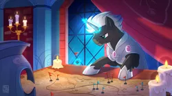 Size: 1781x1000 | Tagged: safe, artist:seanica, derpibooru import, oc, oc:valorheart, unofficial characters only, pony, unicorn, armor, candle, crystal armor, crystal guard, crystal guard armor, image, jpeg, male, map, planning, solo, stallion