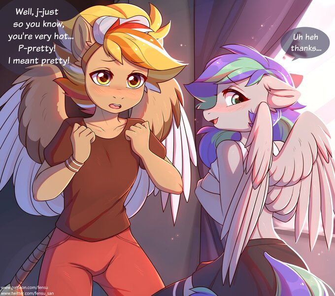 Size: 3005x2652 | Tagged: questionable, artist:fensu-san, derpibooru import, oc, oc:dusty trail, oc:storm feather, anthro, pegasus, pony, adorasexy, blushing, breasts, clothes, covering breasts, cute, dialogue, female, floppy ears, image, imminent sex, implied transgender transformation, jpeg, lifted shirt, looking away, looking back, male, miniskirt, rule 63, sexy, shirt, shirt lift, sideboob, skirt, socks, spread wings, tanktop, thigh highs, window, wings, zettai ryouiki