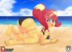 Size: 2100x1500 | Tagged: suggestive, artist:minusclass, derpibooru import, sunset shimmer, equestria girls, alternate hairstyle, ass, barefoot, beach, beach babe, bikini, bikini babe, black swimsuit, blushing, bondage, braid, breasts, bun, bunset shimmer, butt, cameltoe, clothes, cloud, feet, female, image, jpeg, lens flare, looking at you, looking back, looking back at you, magic abuse, ocean, patreon, patreon logo, remake, sand, sideboob, sky, soles, solo, solo female, strings, summer, swimsuit, tied up, two piece swimsuit, water, wires