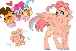 Size: 1280x853 | Tagged: safe, artist:peachydust, derpibooru import, cheese sandwich, pinkie pie, princess skystar, oc, oc:bumblesweet, classical hippogriff, earth pony, hippogriff, hybrid, pony, my little pony: the movie, bisexual, cheesepie, cheeseskypie, chest fluff, feathered fetlocks, female, hug, image, interspecies offspring, jpeg, lesbian, magical threesome spawn, male, offspring, parent:cheese sandwich, parent:pinkie pie, parent:princess skystar, parents:cheeseskypie, polyamory, shipping, simple background, skypie, straight, white background
