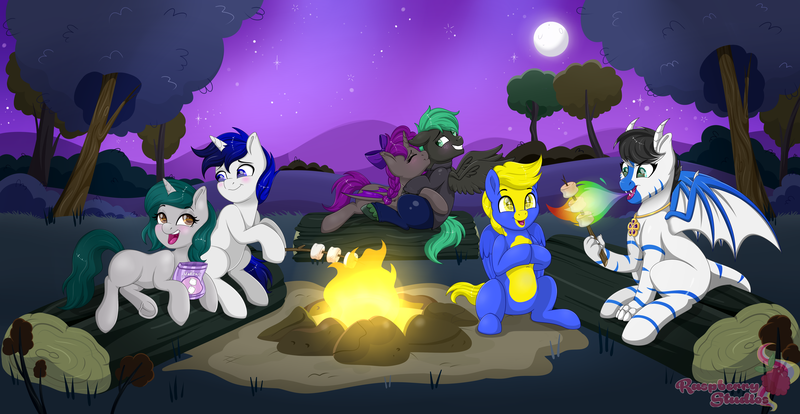 Size: 6720x3480 | Tagged: safe, artist:raspberrystudios, derpibooru import, oc, oc:chintzy walker, unofficial characters only, bat pony, dragon, pegasus, unicorn, bedroom eyes, campfire, camping, commission, couple, dragon oc, fire, food, forest, horn, image, marshmallow, moon, night, pegasus oc, png, scenery, shipping, tree, unicorn oc, wings