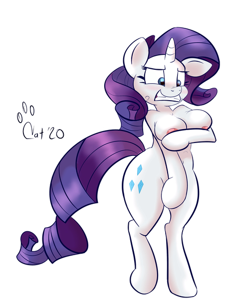 Size: 2961x3857 | Tagged: questionable, artist:catlion3, derpibooru import, rarity, anthro, semi-anthro, unguligrade anthro, unicorn, make new friends but keep discord, areola, arm hooves, breasts, busty rarity, covering, embarrassed, embarrassed nude exposure, female, image, jpeg, naked rarity, nudity