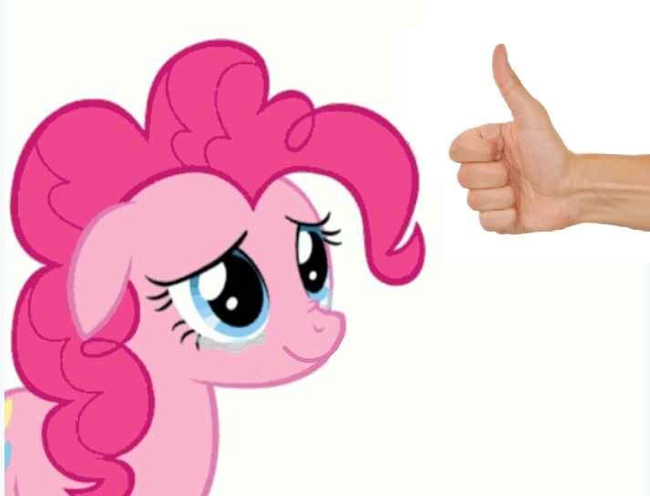 Size: 713x544 | Tagged: safe, derpibooru import, edit, pinkie pie, floppy ears, image, jpeg, offscreen character, op is a swan, smiling, teary eyes, thumb, thumbs up