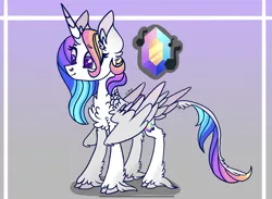 Size: 2275x1668 | Tagged: safe, artist:caramelbolt24, derpibooru import, oc, unofficial characters only, alicorn, classical unicorn, pony, unicorn, abstract background, alicorn oc, chest fluff, cloven hooves, ear fluff, female, horn, image, jpeg, leonine tail, magical lesbian spawn, mare, multicolored hair, multiple parents, offspring, parent:applejack, parent:fluttershy, parent:pinkie pie, parent:rainbow dash, parent:rarity, parent:twilight sparkle, parents:omniship, rainbow hair, reference sheet, signature, story included, unshorn fetlocks, wings