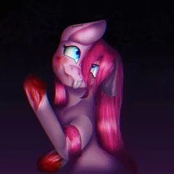 Size: 1080x1080 | Tagged: semi-grimdark, artist:rxndxm.artist, derpibooru import, pinkie pie, earth pony, pony, blood, female, gradient background, image, jpeg, mare, pinkamena diane pie, smiling, solo