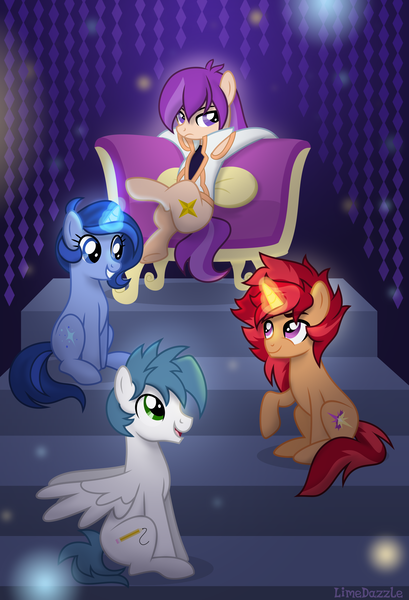 Size: 2045x3000 | Tagged: safe, artist:limedazzle, derpibooru import, oc, oc:evenstar gleam, oc:janey, oc:white quartz, pegasus, pony, unicorn, female, image, magic, male, mare, png, show accurate, stallion