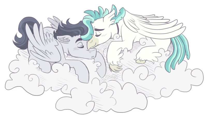 Size: 3500x2000 | Tagged: safe, artist:kikirdcz, derpibooru import, rumble, terramar, classical hippogriff, hippogriff, pegasus, pony, cloud, commission, eyes closed, gay, image, male, older, png, rumblemar, shipping, simple background, sleeping, stallion, transparent background