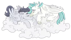 Size: 3500x2000 | Tagged: safe, artist:kikirdcz, derpibooru import, rumble, terramar, classical hippogriff, hippogriff, pegasus, pony, cloud, commission, eyes closed, gay, image, male, older, png, rumblemar, shipping, simple background, sleeping, stallion, transparent background