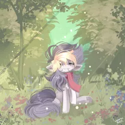 Size: 1000x1000 | Tagged: safe, artist:liquorice_sweet, derpibooru import, oc, oc:liquorice sweet, unofficial characters only, earth pony, pony, chest fluff, clothes, crepuscular rays, eyes closed, female, flower, forest, grass, image, jpeg, mare, meadow, scarf, sitting, smiling, solo, tree, underhoof