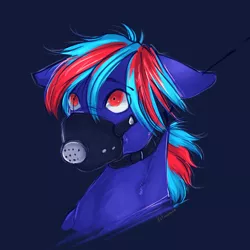 Size: 1600x1600 | Tagged: semi-grimdark, artist:kitmurade, derpibooru import, oc, oc:hellfire, pegasus, pony, alternate hairstyle, asphyxiation, bdsm, blue fur, bondage, breathplay, collar, colt, foal, gag, gas mask, gas mask fetish, horror, image, implied pegasus, male, mask, pet, pet play, png, pony pet, red eyes, slave, terrible, this will end in rape, this will end in tears