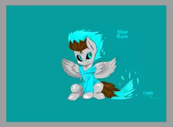 Size: 837x616 | Tagged: safe, artist:@cameron, artist:demisky, derpibooru import, oc, oc:blue flare, base used, clothes, fiery mane, fiery tail, hoodie, image, looking around, normal background, png, sitting, spread wings, wings
